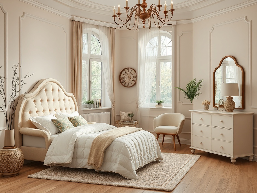 Современная спальня в светлых тонах с округлой кроватью и уютной мебелью. Большие окна и уютный декор.