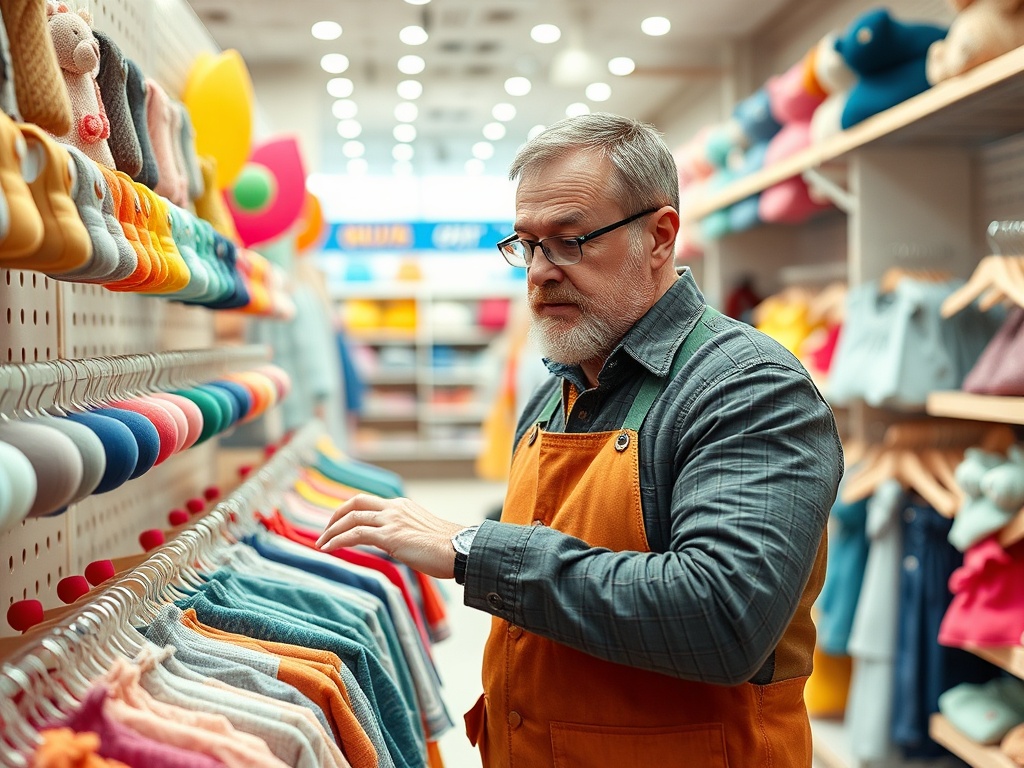 Мужчина с бородой рассматривает товары в магазине тканей, выбирая яркие цвета.