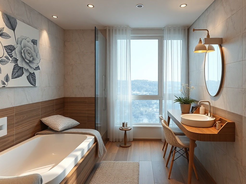Современная ванная комната с окном, ванной, раковиной и деревянной мебелью, оформленная в светлых тонах.