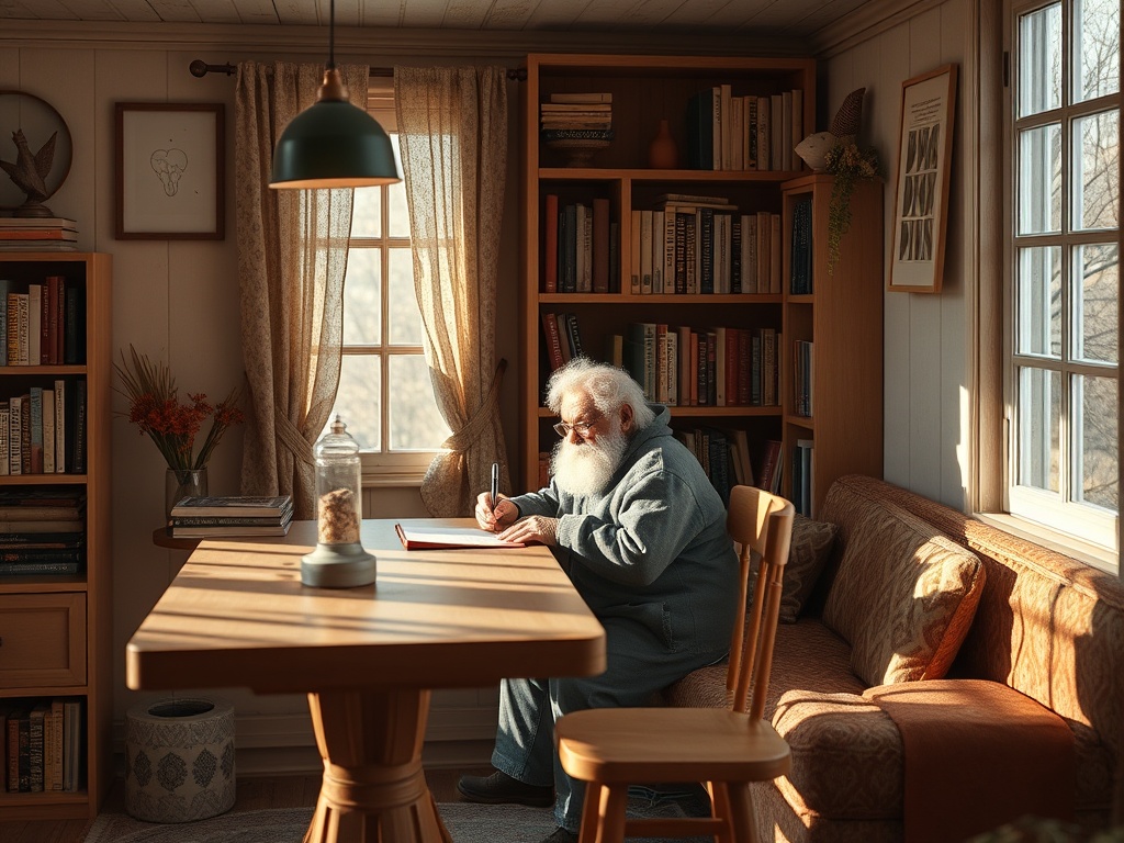 Старик в сером свитере пишет за столом в уютной комнате, окружённой книгами и мягким светом.