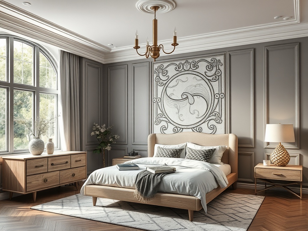 Современная спальня с деревянной мебелью, уютной кроватью и витражными окнами, наполняющая пространство светом.