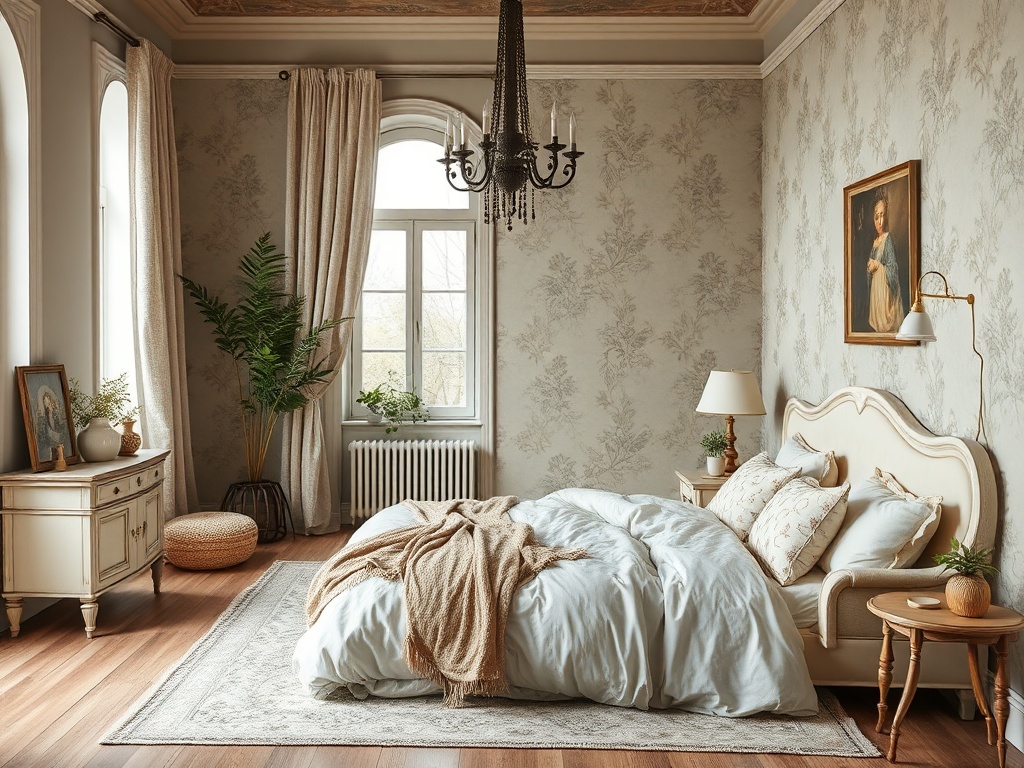 Светлая спальня с украшениями, уютной кроватью и зелеными растениями у окна. Теплая атмосфера и стильный интерьер.